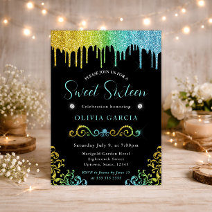 Glam Yellow and Blue Gradient Glitter Sweet 16 Invitation