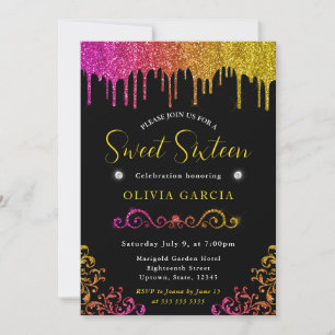 Glam Yellow and Pink Gradient Glitter Sweet 16 Invitation