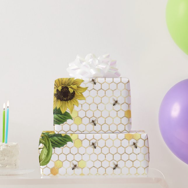 Glam Yellow Sunflower Gold Honeycomb Bees Wrapping Paper (Party Gifts)