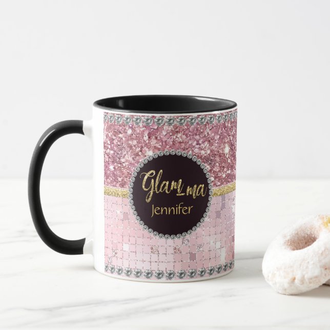 Glamma Glamourous Grandma Pink Glitter Gold Name Mug (With Donut)