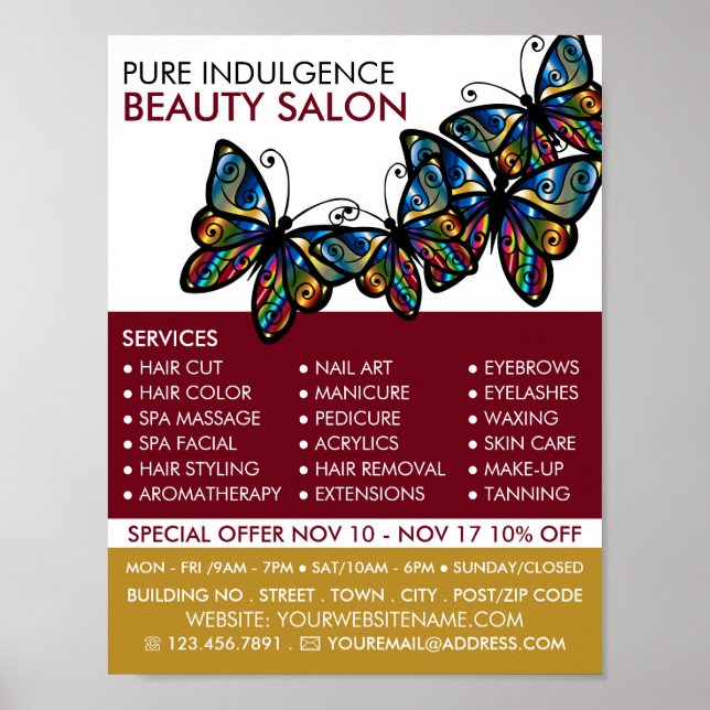 Glamor Butterflies, Beautician, Beauty Salon Poster (Front)