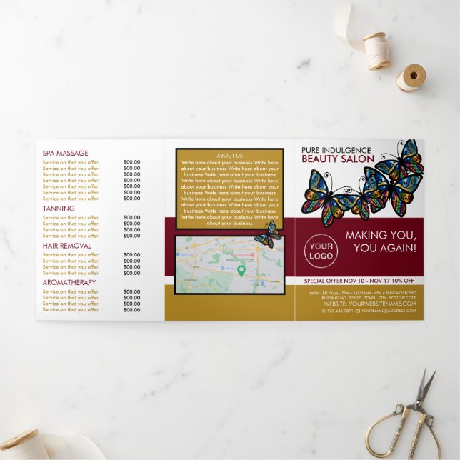 Glamor Butterflies, Beauty Salon Tri-Fold Flyer (Outside)