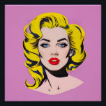 Glamor pop art poster<br><div class="desc">This image depicts a feminine portrait in the characteristic pop art style, with a bright pink background uniform. The subject presents bright yellow hair with stylized black contours, creating a striking graphic effect. Her makeup is dramatic, with bright red lips, intense blue eyes highlighted with long black eyelashes, and perfectly...</div>