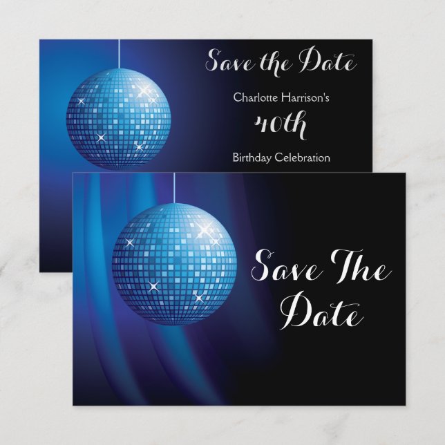 Glamorous 40th Birthday Blue Party Disco Ball Save The Date (Front/Back)
