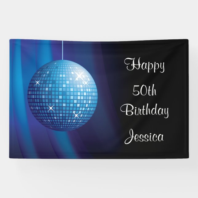 Glamorous 50th Birthday Blue Party Disco Ball Banner (Horizontal)