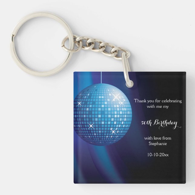 Glamorous 50th Birthday Blue Party Disco Ball Key Ring (Front)