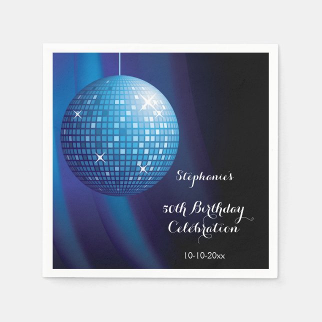 Glamorous 50th Birthday Blue Party Disco Ball Napkin (Front)