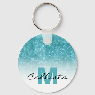 Glamorous Aqua Blue Glitter Sequin Ombre Monogram Key Ring