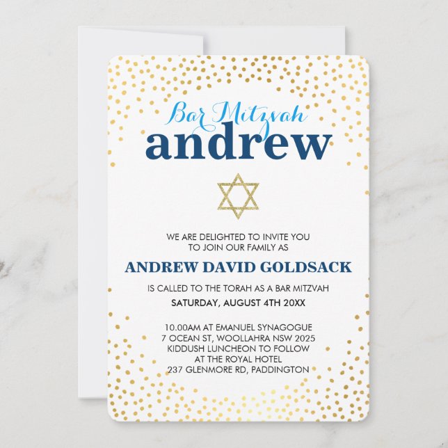 GLAMOROUS BAR MITZVAH rustic gold confetti blue Invitation (Front)
