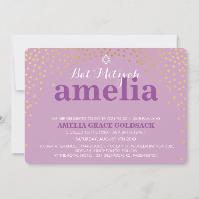 GLAMOROUS BAT MITZVAH rustic gold confetti purple Invitation (Front)