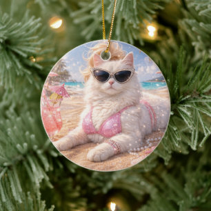 Glamorous Beach Cat with Sunglasses Ceramic Ornament