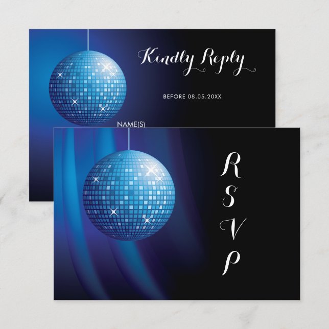 Glamorous Birthday Blue Party Disco Ball RSVP Card (Front/Back)