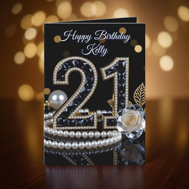 Glamorous Black Gemstone White Rose 21st Birthday Card (Creator Uploaded)
