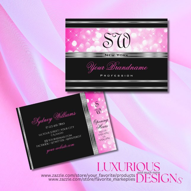 Glamorous Black Girly Pink Glitter Initials Silver Business Card (Creator Uploaded)