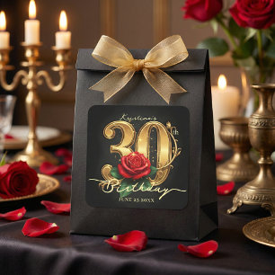 Glamorous Black Gold Red Rose 30th Birthday Party Square Sticker