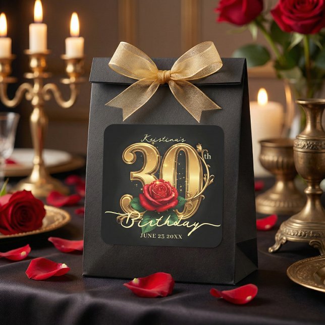 Glamorous Black Gold Red Rose 30th Birthday Party Square Sticker (Creator Uploaded)