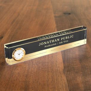 Glamorous Black Gold Trendy Template With Clock Nameplate