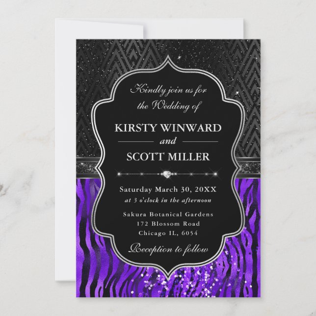 Glamorous Black Purple Tiger Stripes Wedding Invitation (Front)