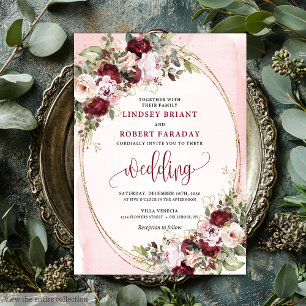 Glamorous Boho Burgundy Blush Gold Roses Wedding Invitation