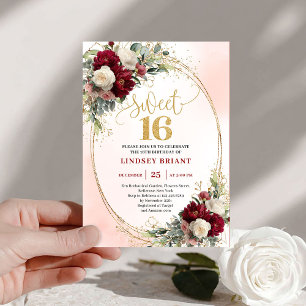 Glamorous Boho Burgundy Gold Floral Sweet Sixteen Invitation