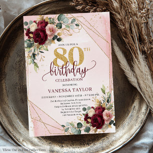 Glamorous boho marsala gold flowers 80th birthday  invitation