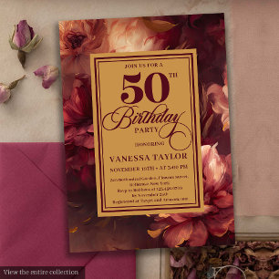 Glamorous burgundy blush gold roses 50th birthday  invitation