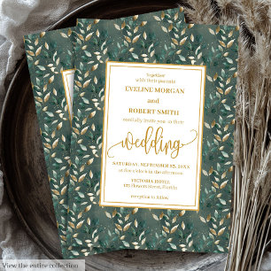 Glamorous Dark Green Gold Leaves Wedding Invites
