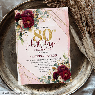 Glamorous Deep Red Blush Gold Flowers 80 Birthday Invitation