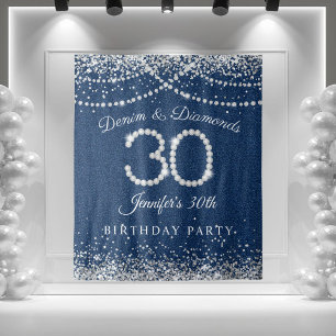 Glamorous Denim & Diamonds 30th Birthday Backdrop Tapestry