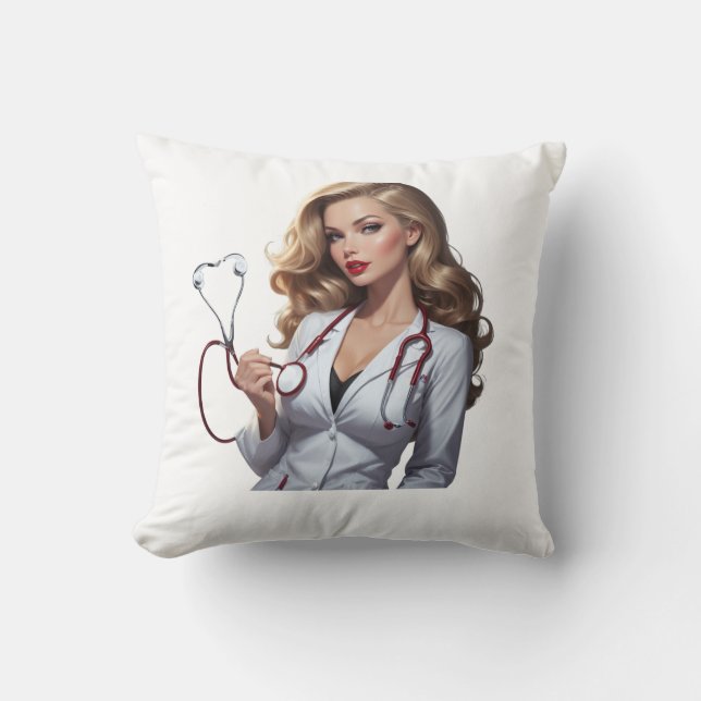 Glamorous Doctor with Heart Stethoscope  Cushion (Front)