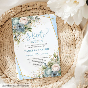 Glamorous Dusty Blue White Peonies Sweet 16 Invite