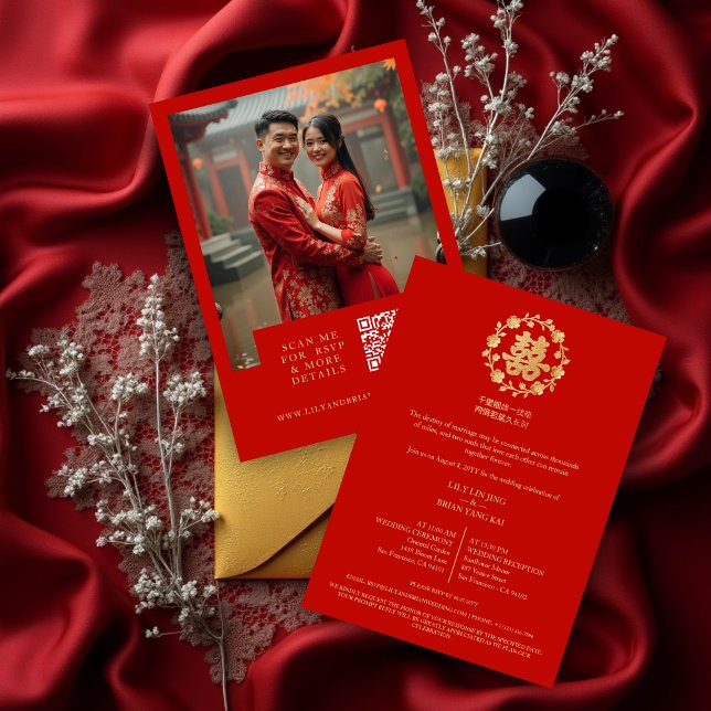 Glamorous Glitter Floral Double Happiness Photo Invitation (Glamorous Charming Glitter Effect Floral Chinese Double Happiness Symbol Wedding Invitation Cards.)