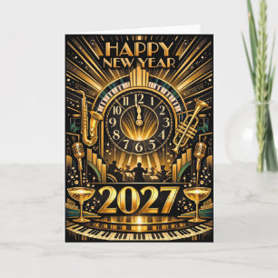 Glamorous Gold Art Deco New Year Jazz Celebration Holiday Card