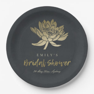 GLAMOROUS GOLD BLACK LOTUS FLORAL BRIDAL SHOWER PAPER PLATE