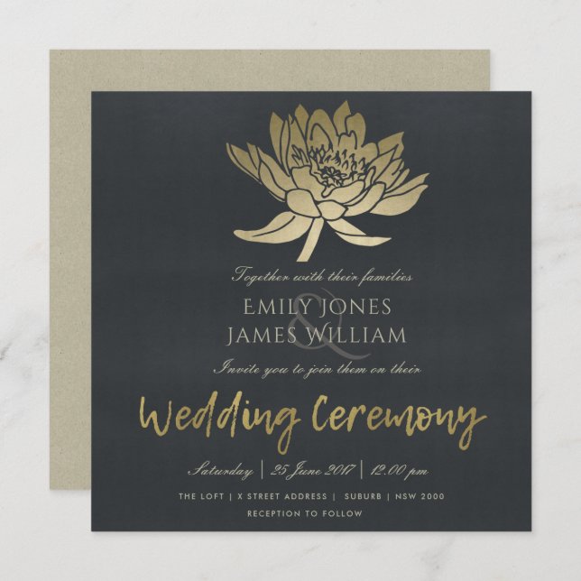 GLAMOROUS GOLD BLUE BLACK LOTUS FLORAL WEDDING INVITATION (Front/Back)