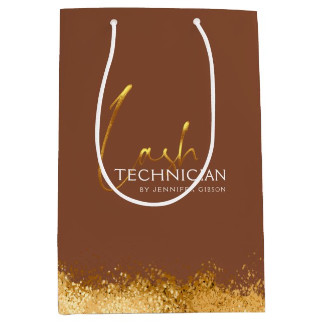 Glamorous Gold & Brown Lash Tech  Medium Gift Bag (Front)