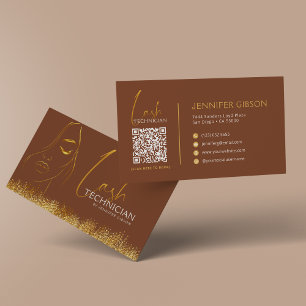 Glamorous Gold & Brown Lash Tech QR Code Business Card