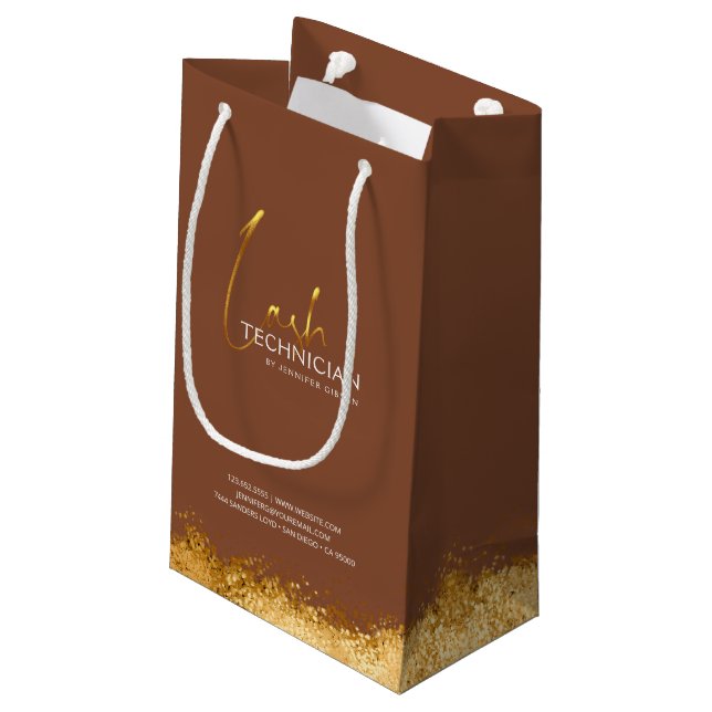 Glamorous Gold & Brown Lash Tech  Small Gift Bag (Back Angled)
