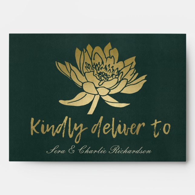 GLAMOROUS GOLD DARK GREEN LOTUS FLORAL  MONOGRAM ENVELOPES (Front)