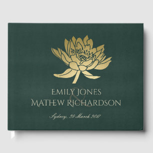 GLAMOROUS GOLD DARK GREEN  LOTUS FLORAL MONOGRAM GUEST BOOK