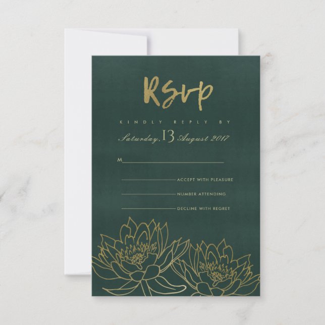 GLAMOROUS GOLD DARK GREEN LOTUS FLORAL RSVP (Front)