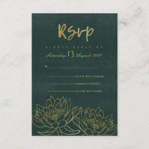 GLAMOROUS GOLD DARK GREEN LOTUS FLORAL RSVP CARD