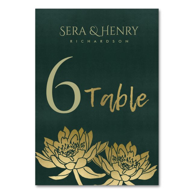GLAMOROUS GOLD DARK GREEN LOTUS FLORAL TABLE TABLE NUMBER (Front)