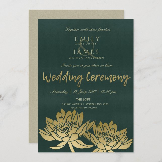 GLAMOROUS GOLD DARK GREEN LOTUS FLORAL WEDDING INVITATION (Front/Back)