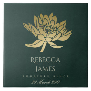 GLAMOROUS GOLD DARK GREEN LOTUS SAVE THE DATE GIFT TILE