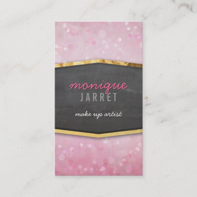 GLAMOROUS gold foil chalkboard panel pink bokeh Business Card (Front)