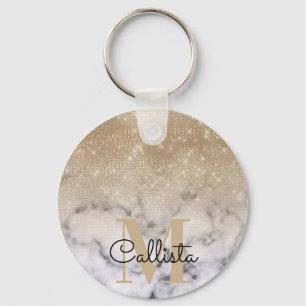 Glamorous Gold Glitter White Marble Ombre Monogram Key Ring