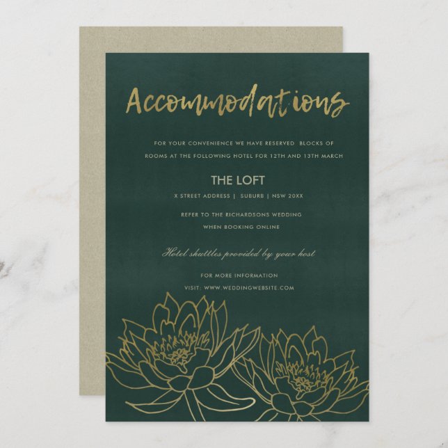 GLAMOROUS GOLD GREEN LOTUS FLORAL ACCOMMODATION INVITATION (Front/Back)
