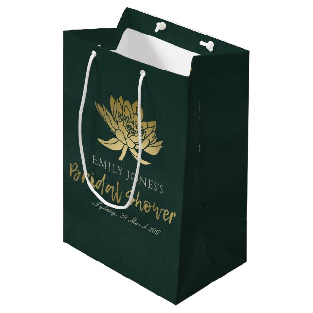 GLAMOROUS GOLD GREEN LOTUS FLORAL BRIDAL SHOWER MEDIUM GIFT BAG (Front Angled)