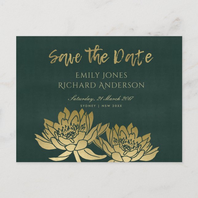 GLAMOROUS GOLD GREEN LOTUS FLORAL SAVE THE DATE ANNOUNCEMENT POSTCARD (Front)